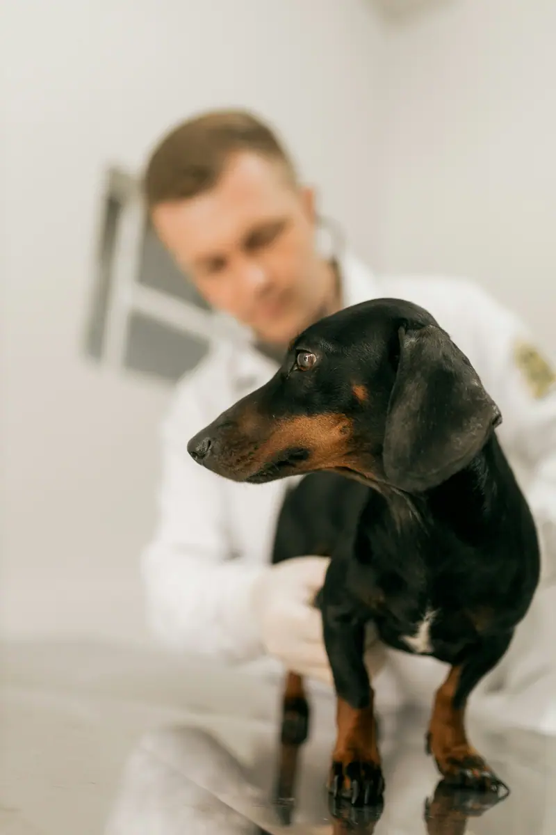 A vet gently examining a dachshund on an examination table